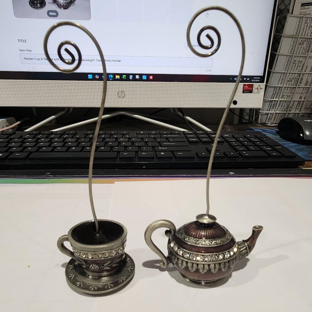 Pewter Cup & Teapot with Rhinestones Paperweight Card/Photo Holder